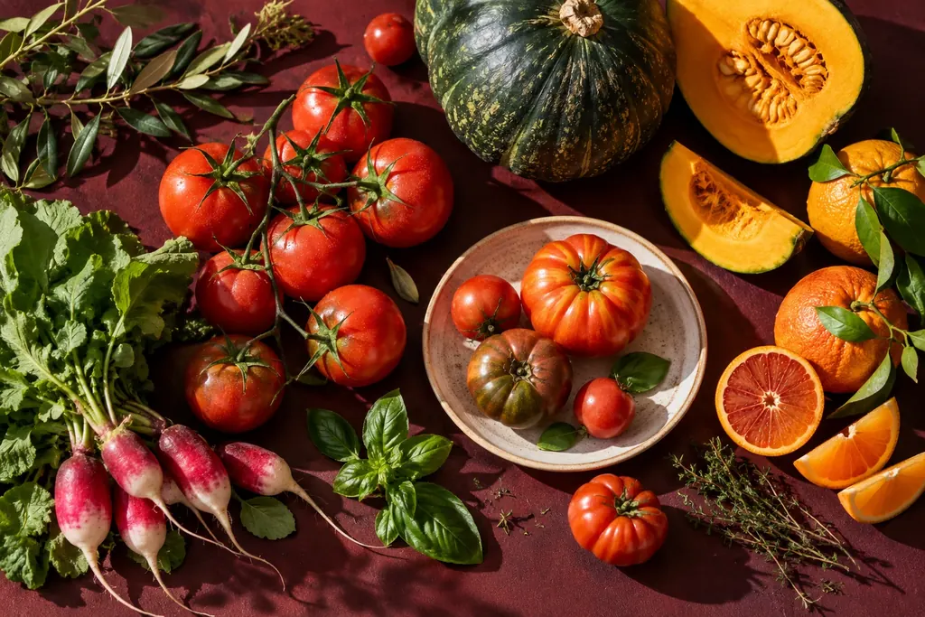Tomates, agrumes, courge et herbes fraîches sur un fond bordeaux